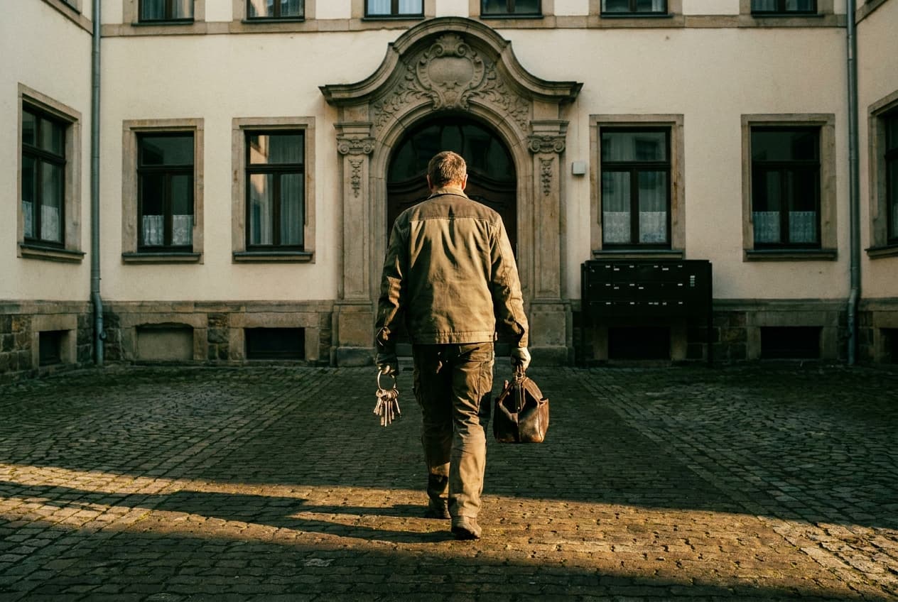 Hausmeister überquert einen Innenhof zum Hauseingang im Morgenlicht