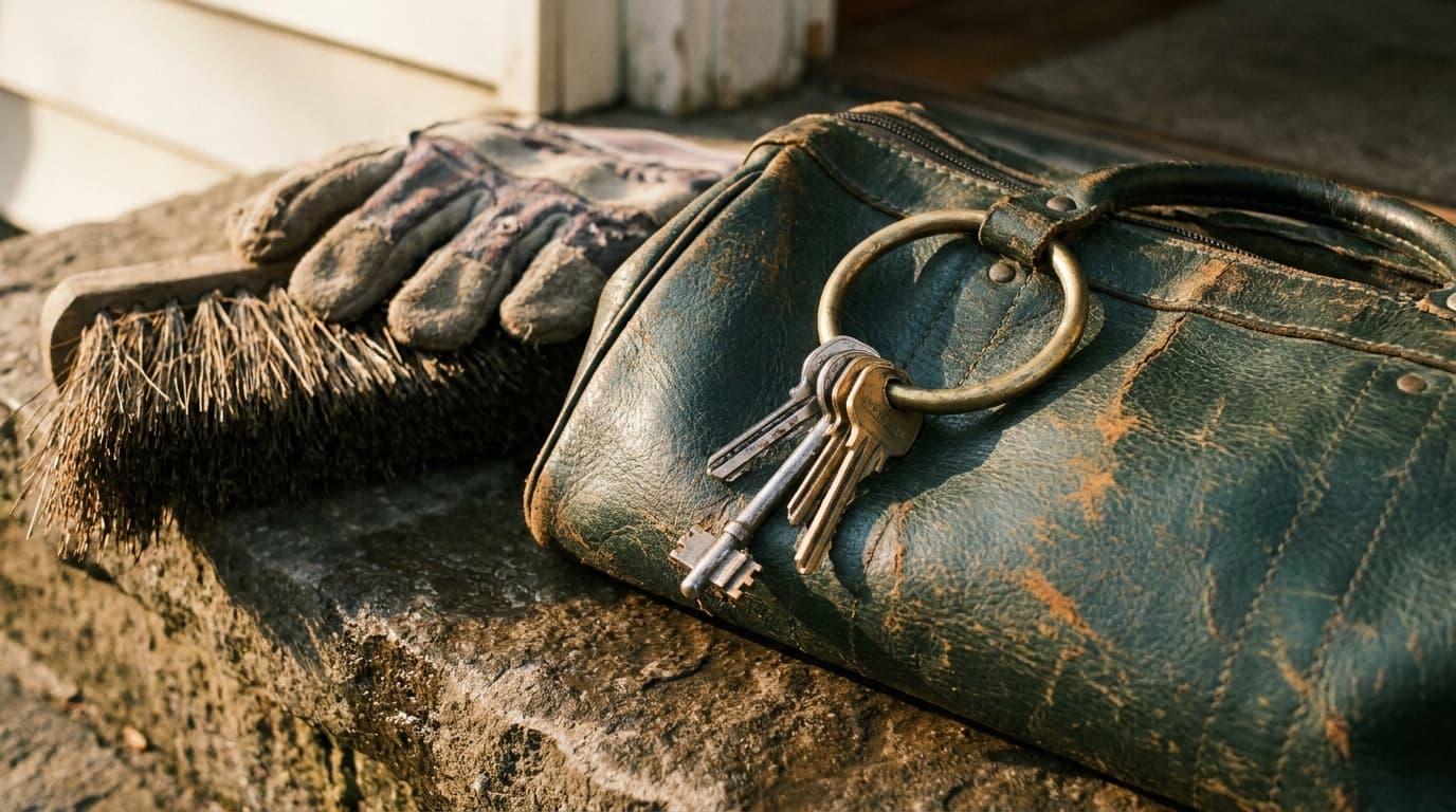 Schlüsselbund, Werkzeugtasche und Handbesen eines Hausmeisters