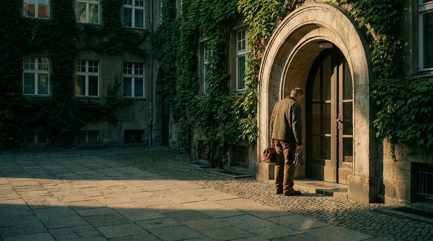 Hausmeister an einem Wohngebäude in Zwickau im warmen Morgenlicht